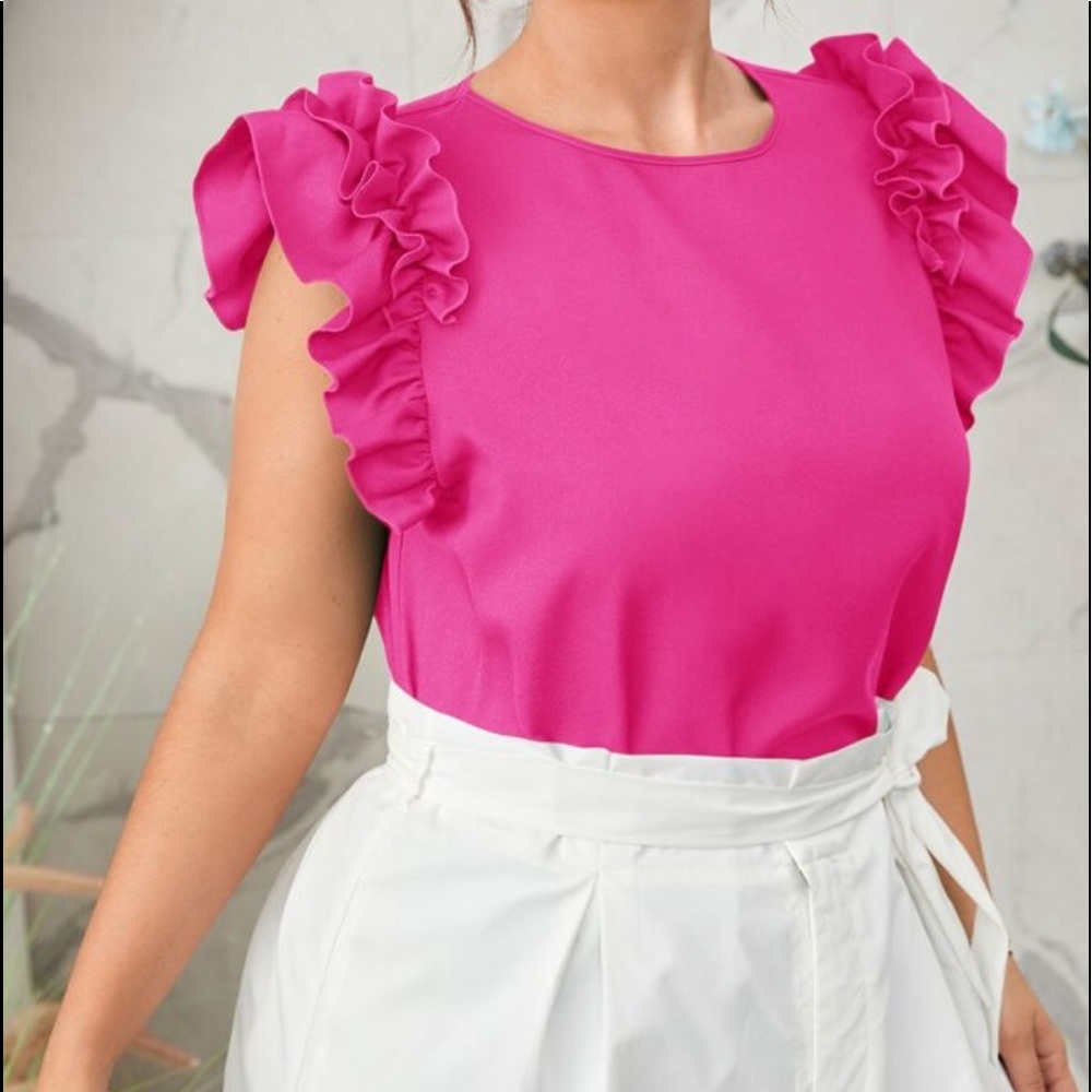 Plus Size Ruffle Cap Sleeve Office Work Top Blouse Blue - Picture 7 of 10